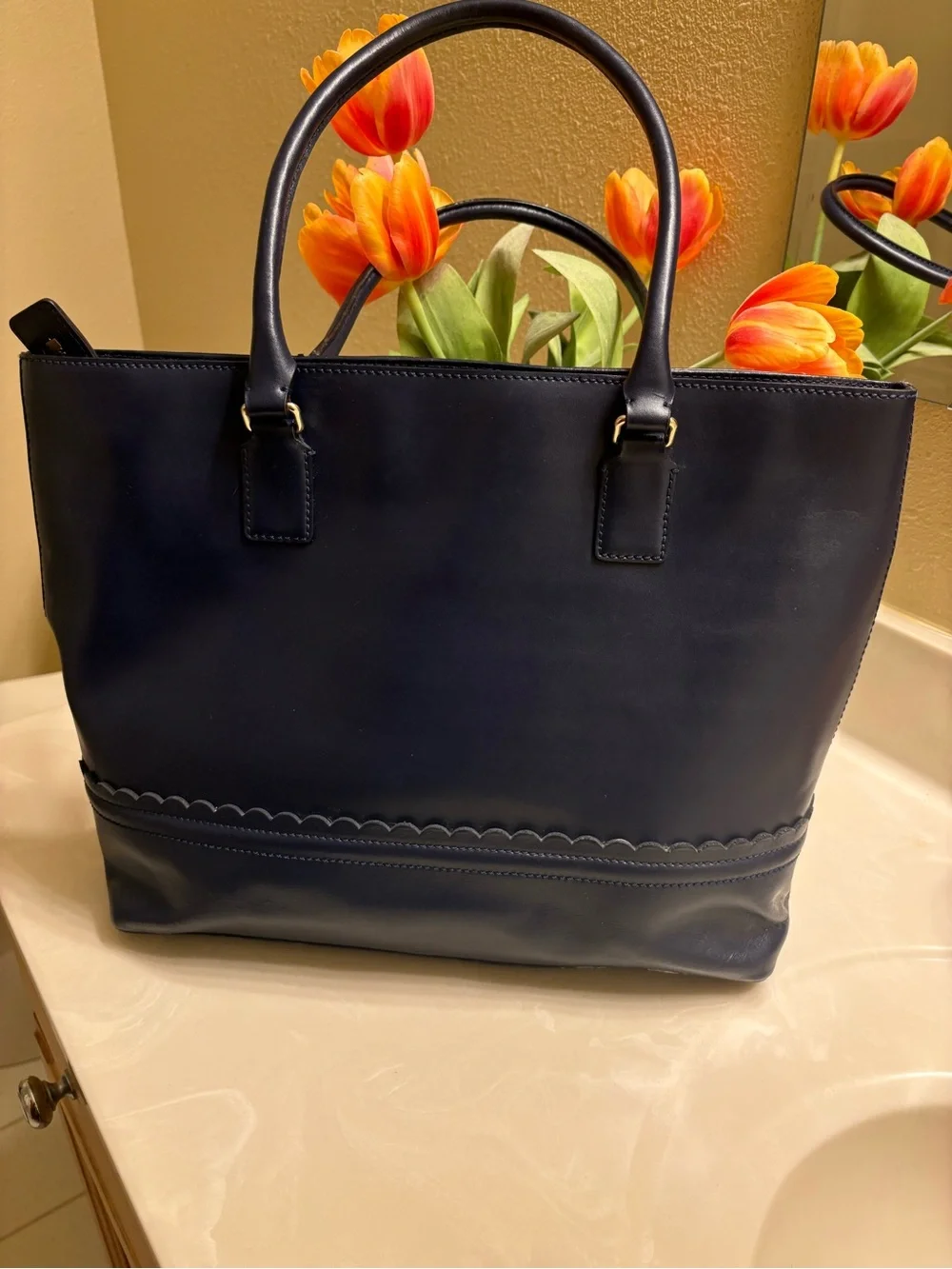 Kate Spade New York Navy Blue Leather Scalloped Tote Shoulder Bag Gold Hardware